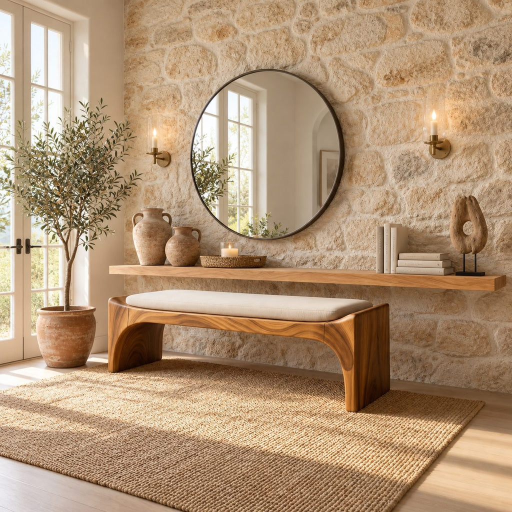 Bent Waterfall End Bench, Mid Century Solid Wood Entryway Bench with Curved Slab Legs and Arched Apron
