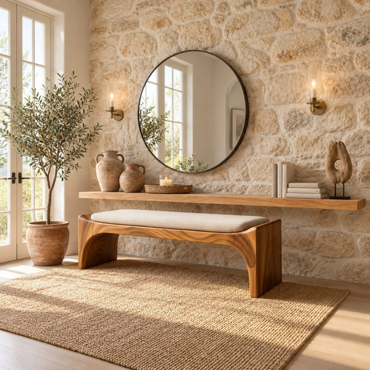 Bent Waterfall End Bench, Mid Century Solid Wood Entryway Bench with Curved Slab Legs and Arched Apron