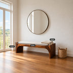 Bent Waterfall End Bench, Mid Century Solid Wood Entryway Bench with Curved Slab Legs and Arched Apron
