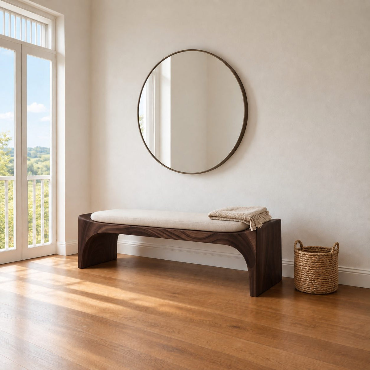 Bent Waterfall End Bench, Mid Century Solid Wood Entryway Bench with Curved Slab Legs and Arched Apron