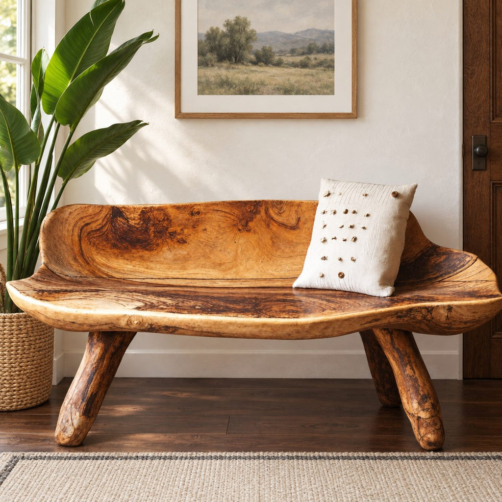 Carved Log Bench with Backrest, Natural Edge Solid Wood Bench on Splayed Branch Legs for Entryway