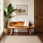 Carved Log Bench with Backrest, Natural Edge Solid Wood Bench on Splayed Branch Legs for Entryway
