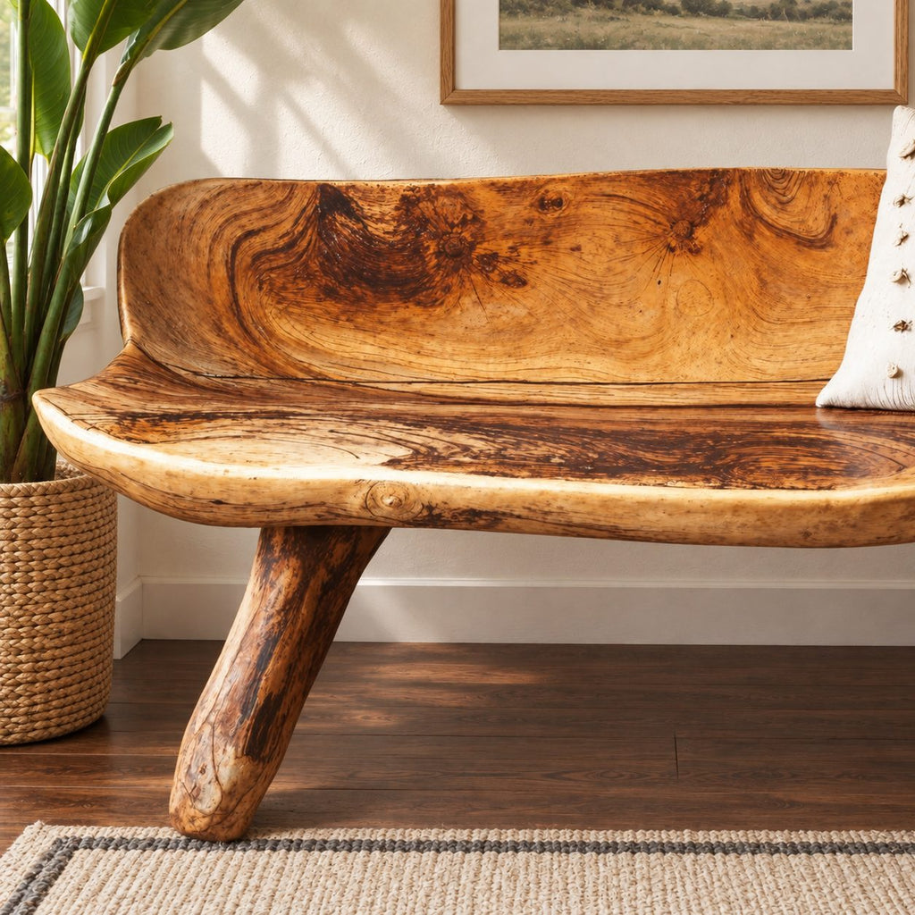 Carved Log Bench with Backrest, Natural Edge Solid Wood Bench on Splayed Branch Legs for Entryway