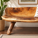Carved Log Bench with Backrest, Natural Edge Solid Wood Bench on Splayed Branch Legs for Entryway