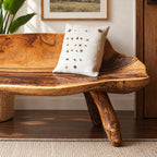 Carved Log Bench with Backrest, Natural Edge Solid Wood Bench on Splayed Branch Legs for Entryway