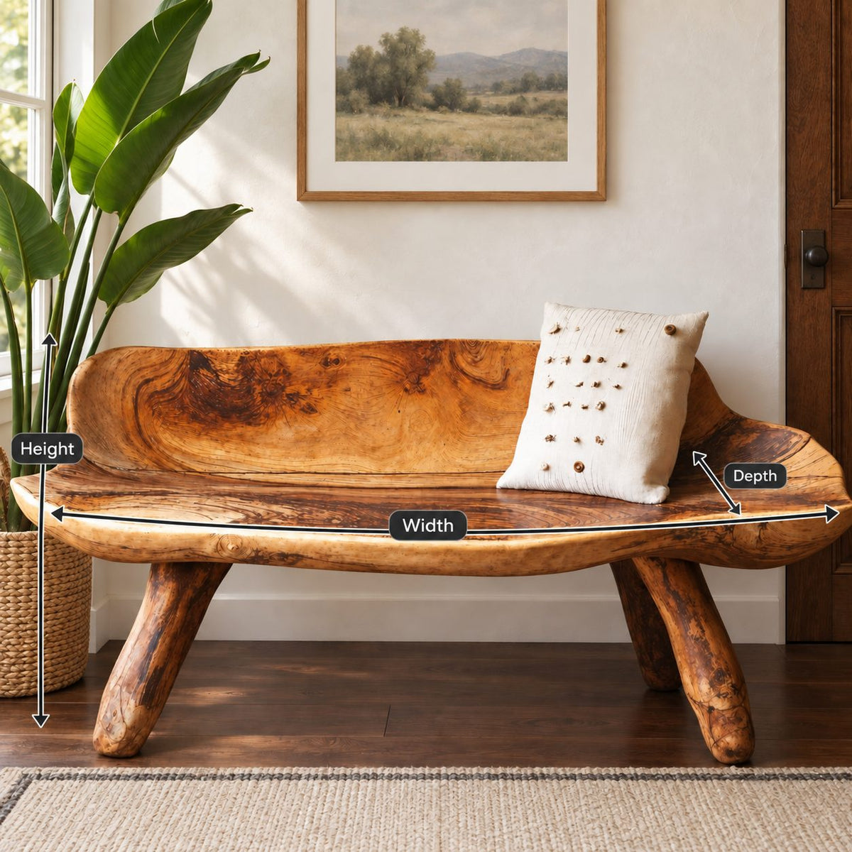 Carved Log Bench with Backrest, Natural Edge Solid Wood Bench on Splayed Branch Legs for Entryway