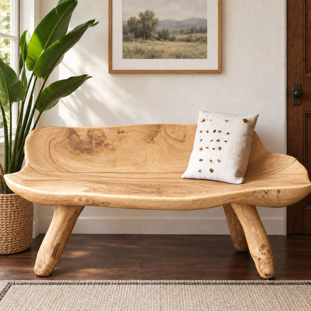 Carved Log Bench with Backrest, Natural Edge Solid Wood Bench on Splayed Branch Legs for Entryway