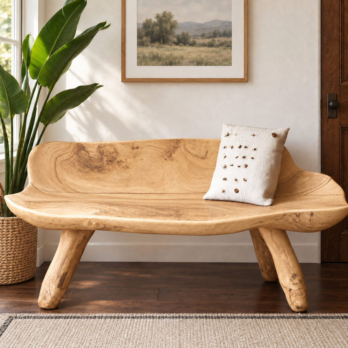 Carved Log Bench with Backrest, Natural Edge Solid Wood Bench on Splayed Branch Legs for Entryway