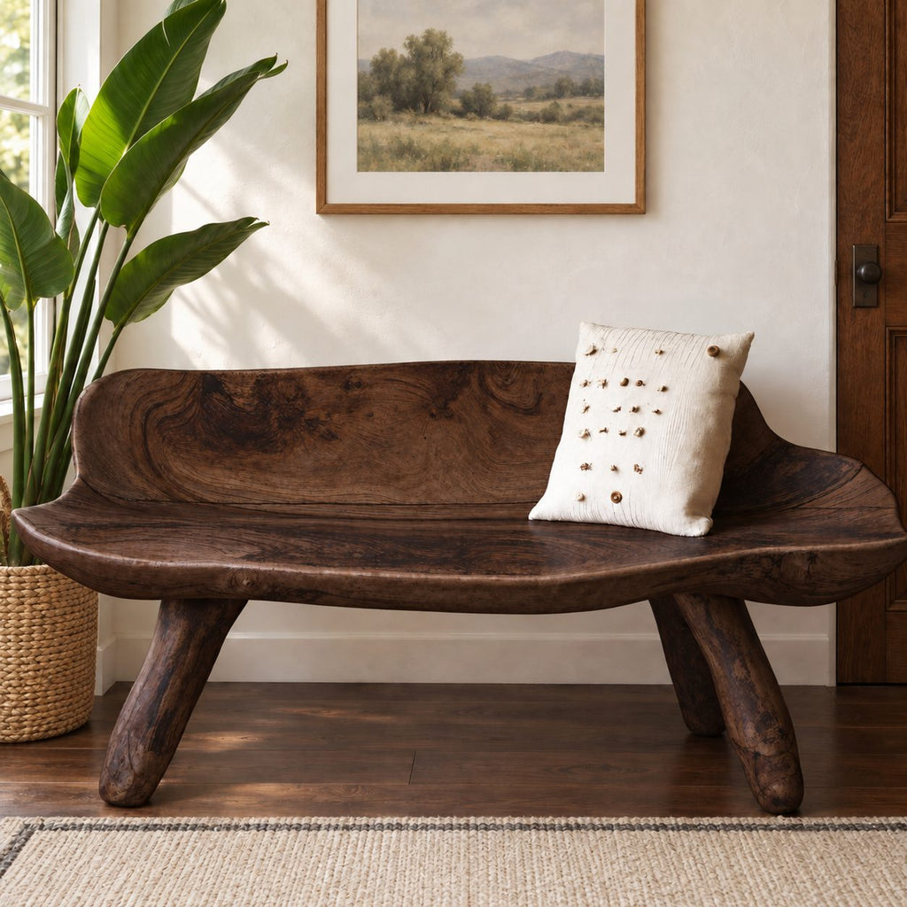 Carved Log Bench with Backrest, Natural Edge Solid Wood Bench on Splayed Branch Legs for Entryway