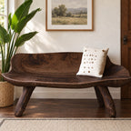 Carved Log Bench with Backrest, Natural Edge Solid Wood Bench on Splayed Branch Legs for Entryway