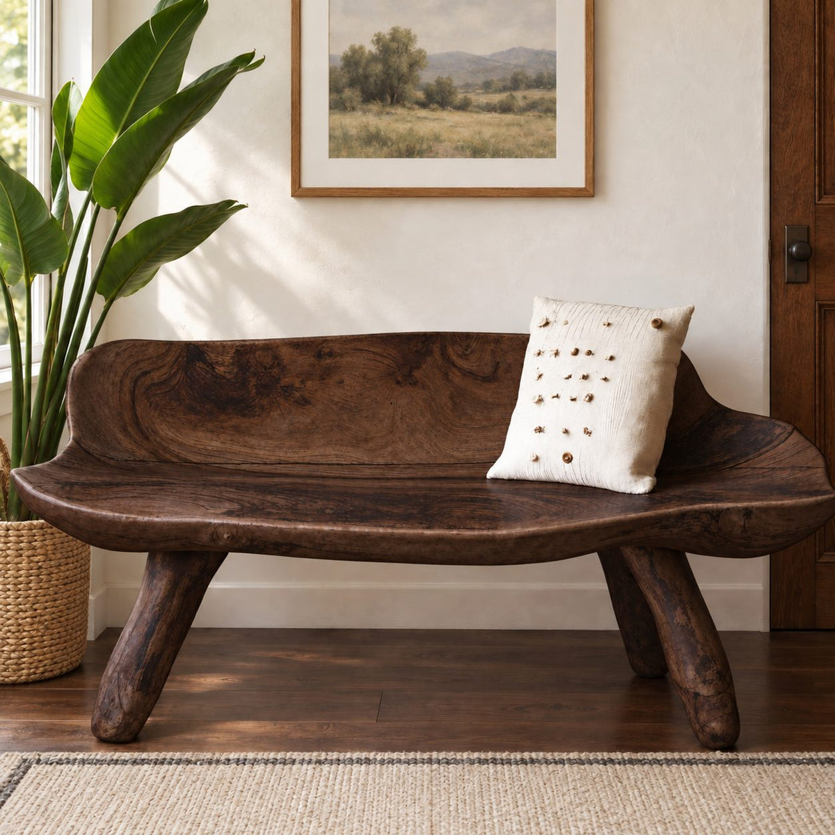 Carved Log Bench with Backrest, Natural Edge Solid Wood Bench on Splayed Branch Legs for Entryway