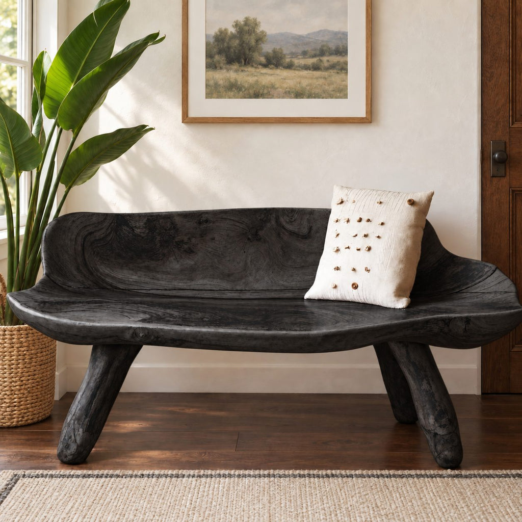 Carved Log Bench with Backrest, Natural Edge Solid Wood Bench on Splayed Branch Legs for Entryway