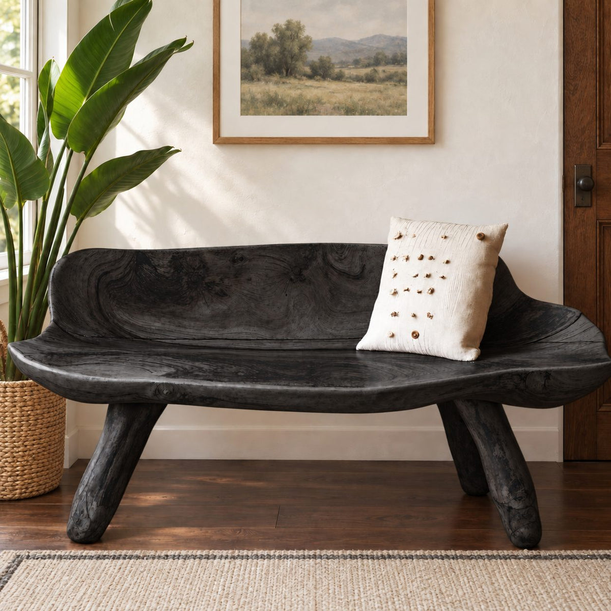 Carved Log Bench with Backrest, Natural Edge Solid Wood Bench on Splayed Branch Legs for Entryway