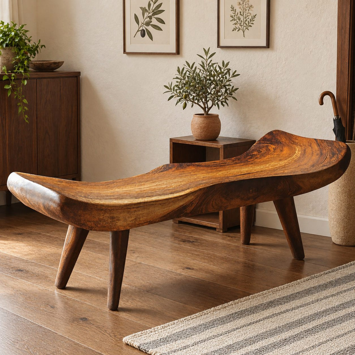 Saddle Seat Sculpted Bench, Scooped Solid Wood Slab Bench with Raised Ends on Tapered Splayed Legs