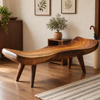 Saddle Seat Sculpted Bench, Scooped Solid Wood Slab Bench with Raised Ends on Tapered Splayed Legs