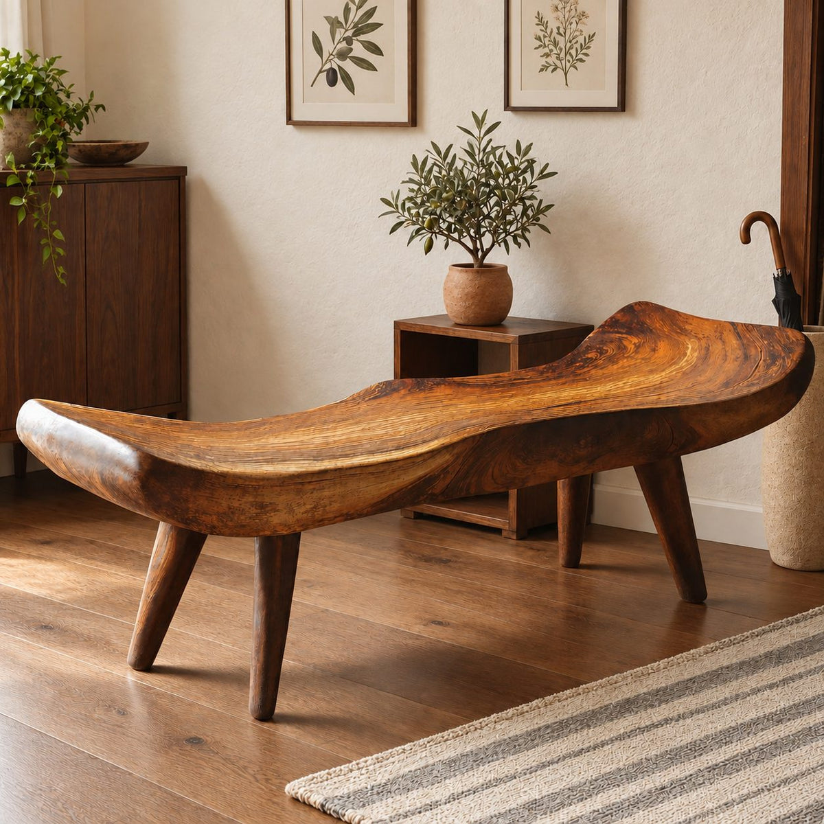 Saddle Seat Sculpted Bench, Scooped Solid Wood Slab Bench with Raised Ends on Tapered Splayed Legs