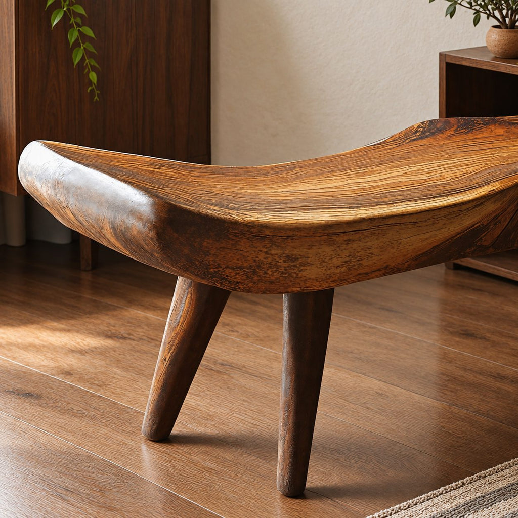 Saddle Seat Sculpted Bench, Scooped Solid Wood Slab Bench with Raised Ends on Tapered Splayed Legs