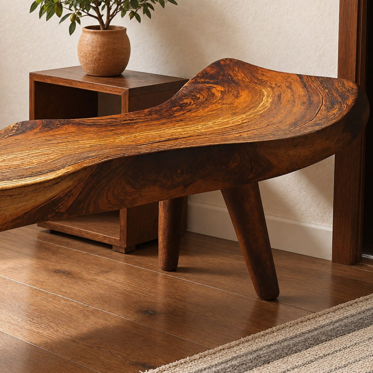 Saddle Seat Sculpted Bench, Scooped Solid Wood Slab Bench with Raised Ends on Tapered Splayed Legs