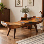 Saddle Seat Sculpted Bench, Scooped Solid Wood Slab Bench with Raised Ends on Tapered Splayed Legs
