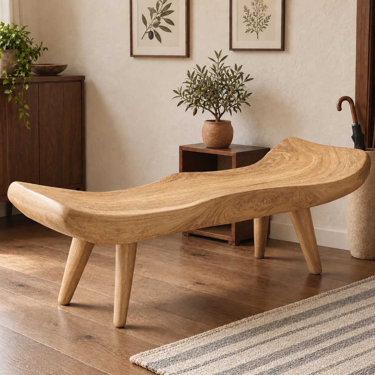 Saddle Seat Sculpted Bench, Scooped Solid Wood Slab Bench with Raised Ends on Tapered Splayed Legs