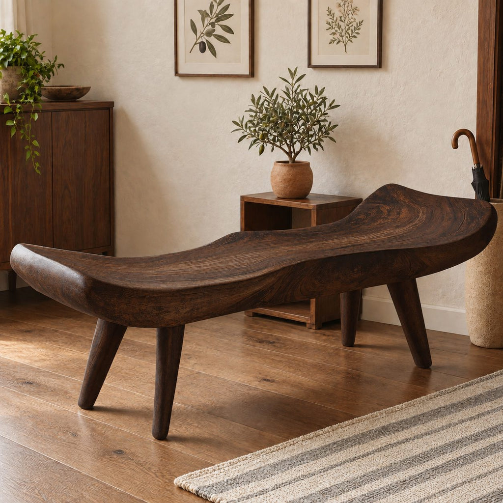 Saddle Seat Sculpted Bench, Scooped Solid Wood Slab Bench with Raised Ends on Tapered Splayed Legs