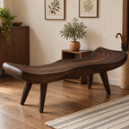 Saddle Seat Sculpted Bench, Scooped Solid Wood Slab Bench with Raised Ends on Tapered Splayed Legs