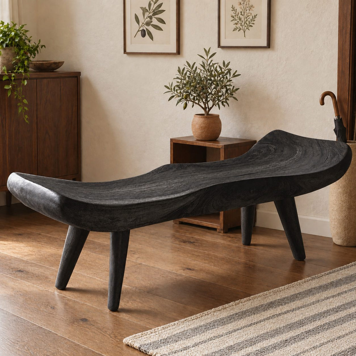 Saddle Seat Sculpted Bench, Scooped Solid Wood Slab Bench with Raised Ends on Tapered Splayed Legs