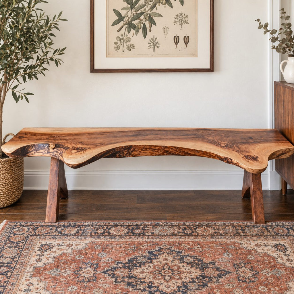 Live Edge Bench with Angled Trestle Legs, Rustic Natural Slab Solid Wood Bench for Entryway and Hallway