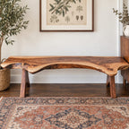 Live Edge Bench with Angled Trestle Legs, Rustic Natural Slab Solid Wood Bench for Entryway and Hallway