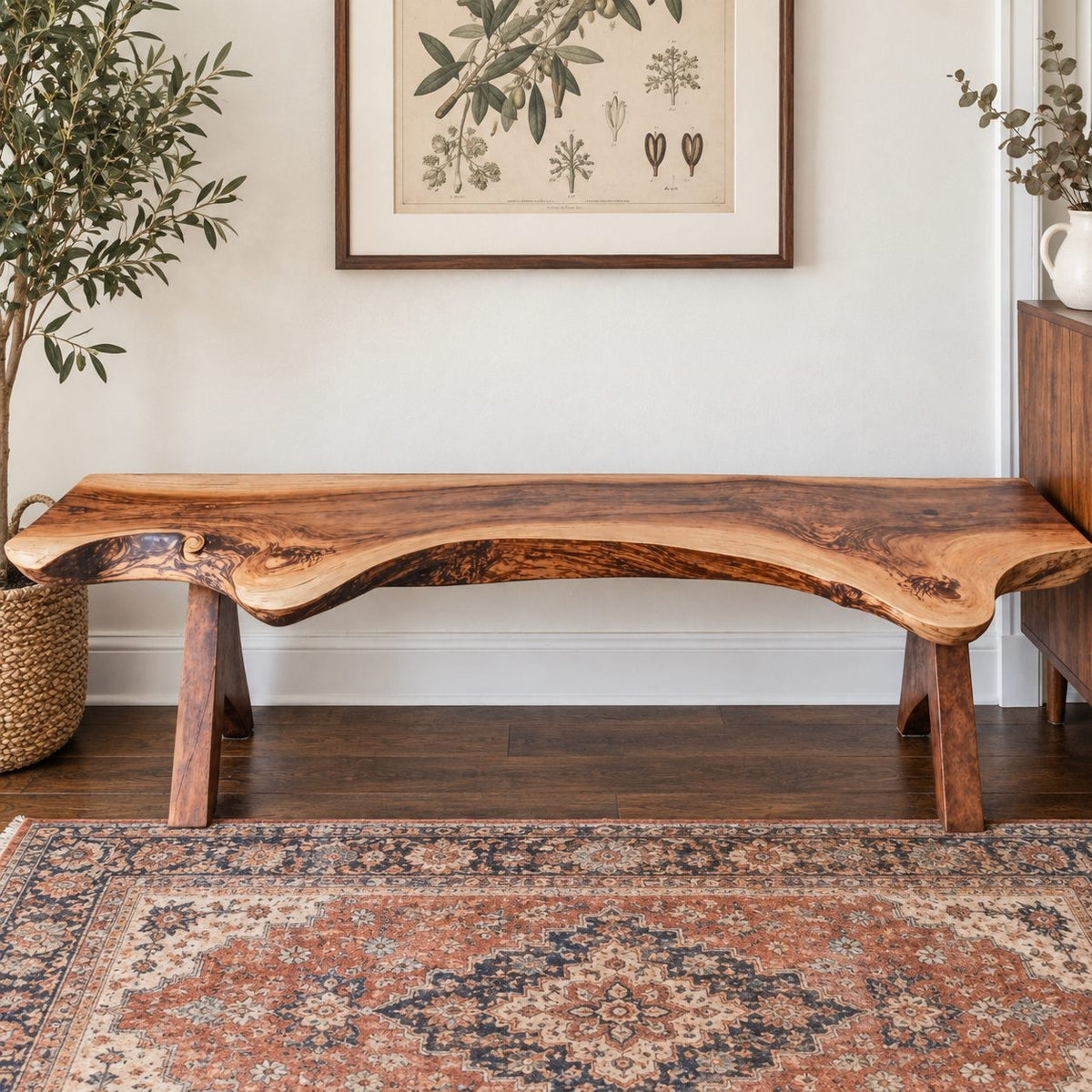Live Edge Bench with Angled Trestle Legs, Rustic Natural Slab Solid Wood Bench for Entryway and Hallway