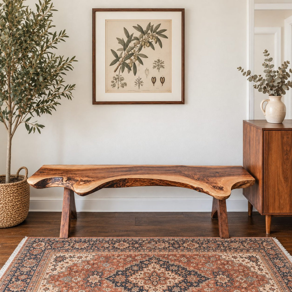 Live Edge Bench with Angled Trestle Legs, Rustic Natural Slab Solid Wood Bench for Entryway and Hallway