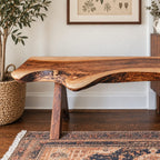 Live Edge Bench with Angled Trestle Legs, Rustic Natural Slab Solid Wood Bench for Entryway and Hallway