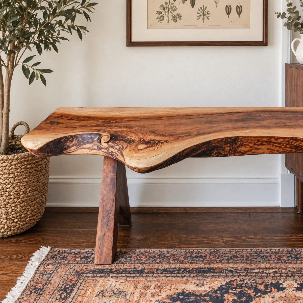 Live Edge Bench with Angled Trestle Legs, Rustic Natural Slab Solid Wood Bench for Entryway and Hallway