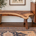Live Edge Bench with Angled Trestle Legs, Rustic Natural Slab Solid Wood Bench for Entryway and Hallway