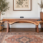 Live Edge Bench with Angled Trestle Legs, Rustic Natural Slab Solid Wood Bench for Entryway and Hallway