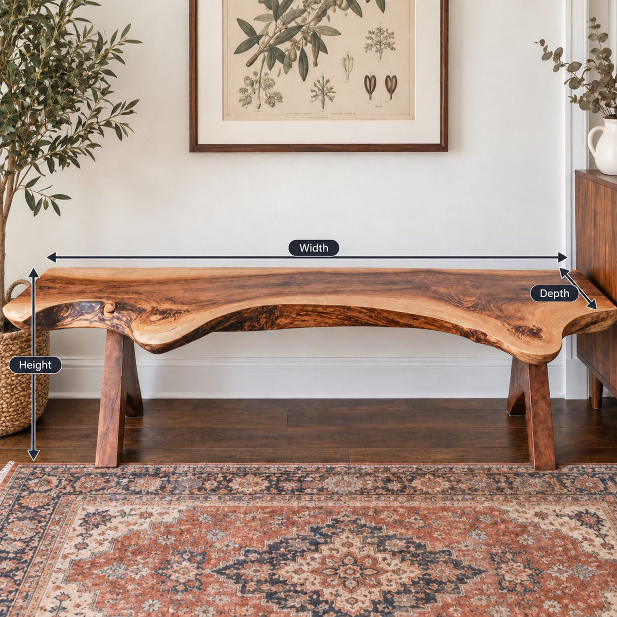 Live Edge Bench with Angled Trestle Legs, Rustic Natural Slab Solid Wood Bench for Entryway and Hallway