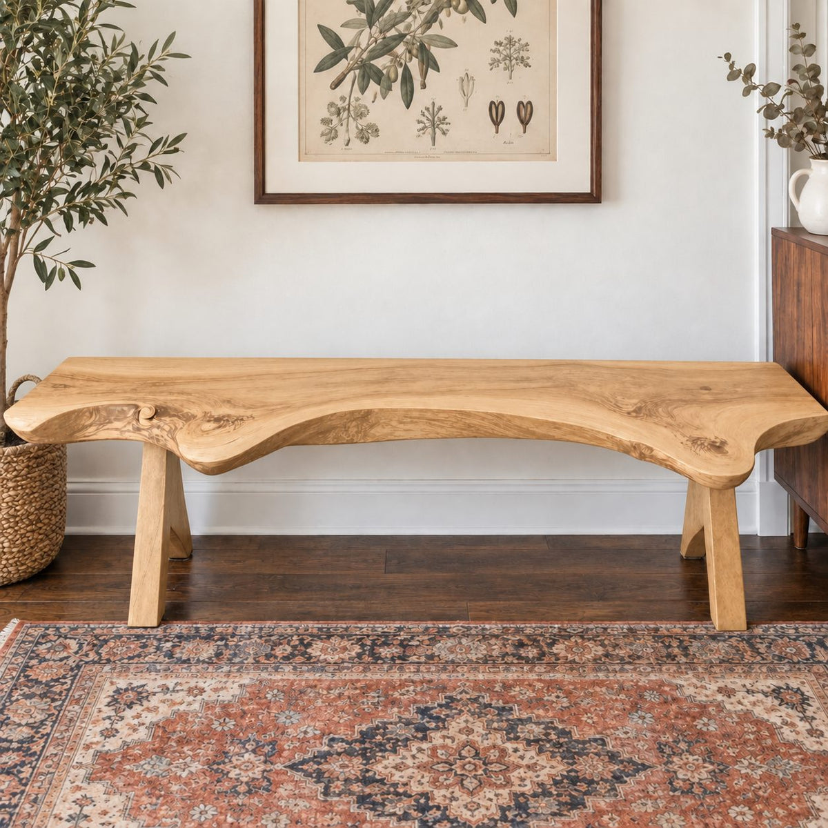 Live Edge Bench with Angled Trestle Legs, Rustic Natural Slab Solid Wood Bench for Entryway and Hallway