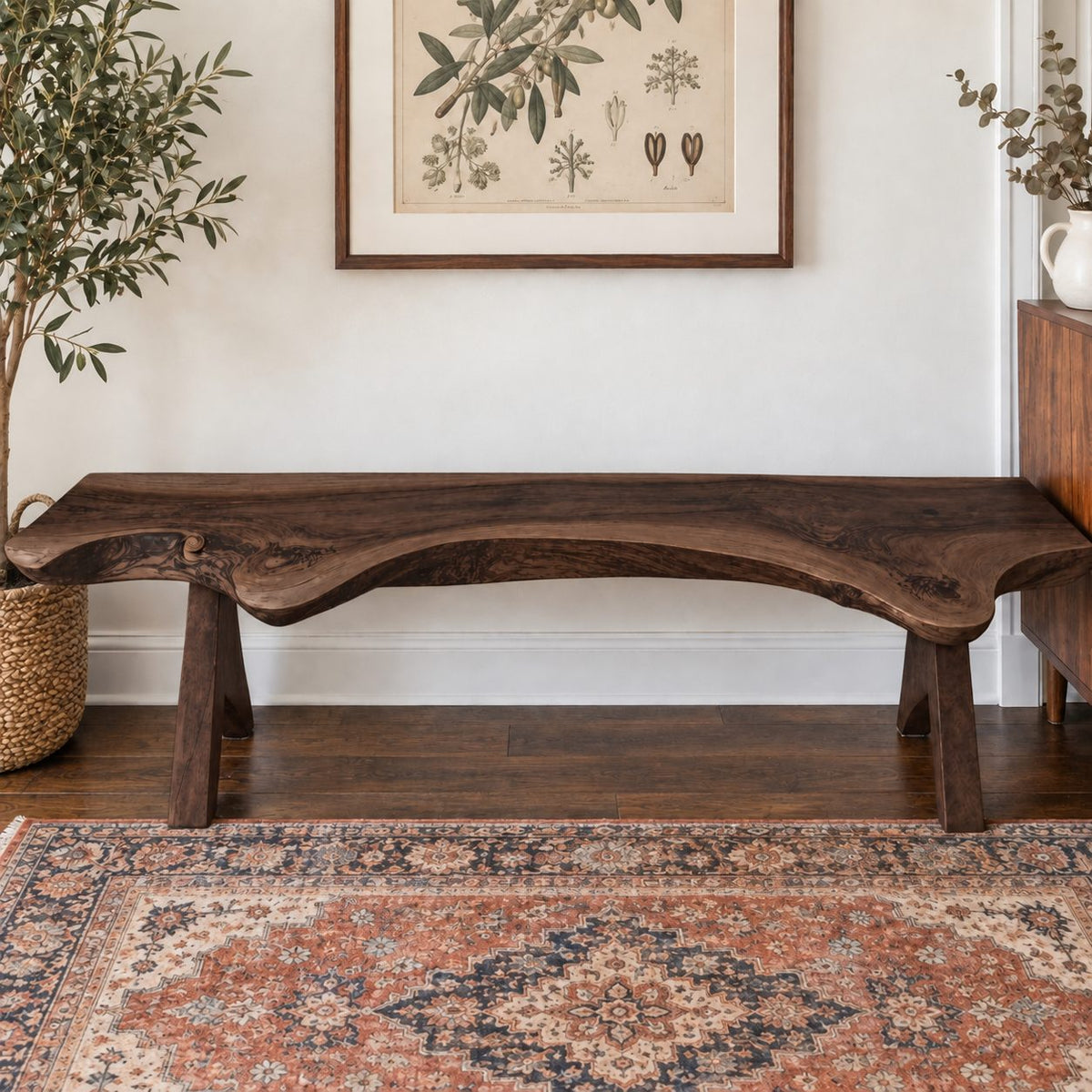 Live Edge Bench with Angled Trestle Legs, Rustic Natural Slab Solid Wood Bench for Entryway and Hallway