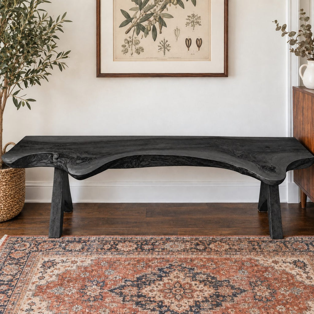 Live Edge Bench with Angled Trestle Legs, Rustic Natural Slab Solid Wood Bench for Entryway and Hallway