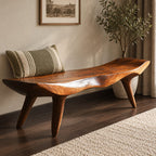 Curled End Slab Bench, Modern Sculpted Solid Wood Bench on Angled Tapered Legs for Living Room or Entry
