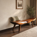 Curled End Slab Bench, Modern Sculpted Solid Wood Bench on Angled Tapered Legs for Living Room or Entry