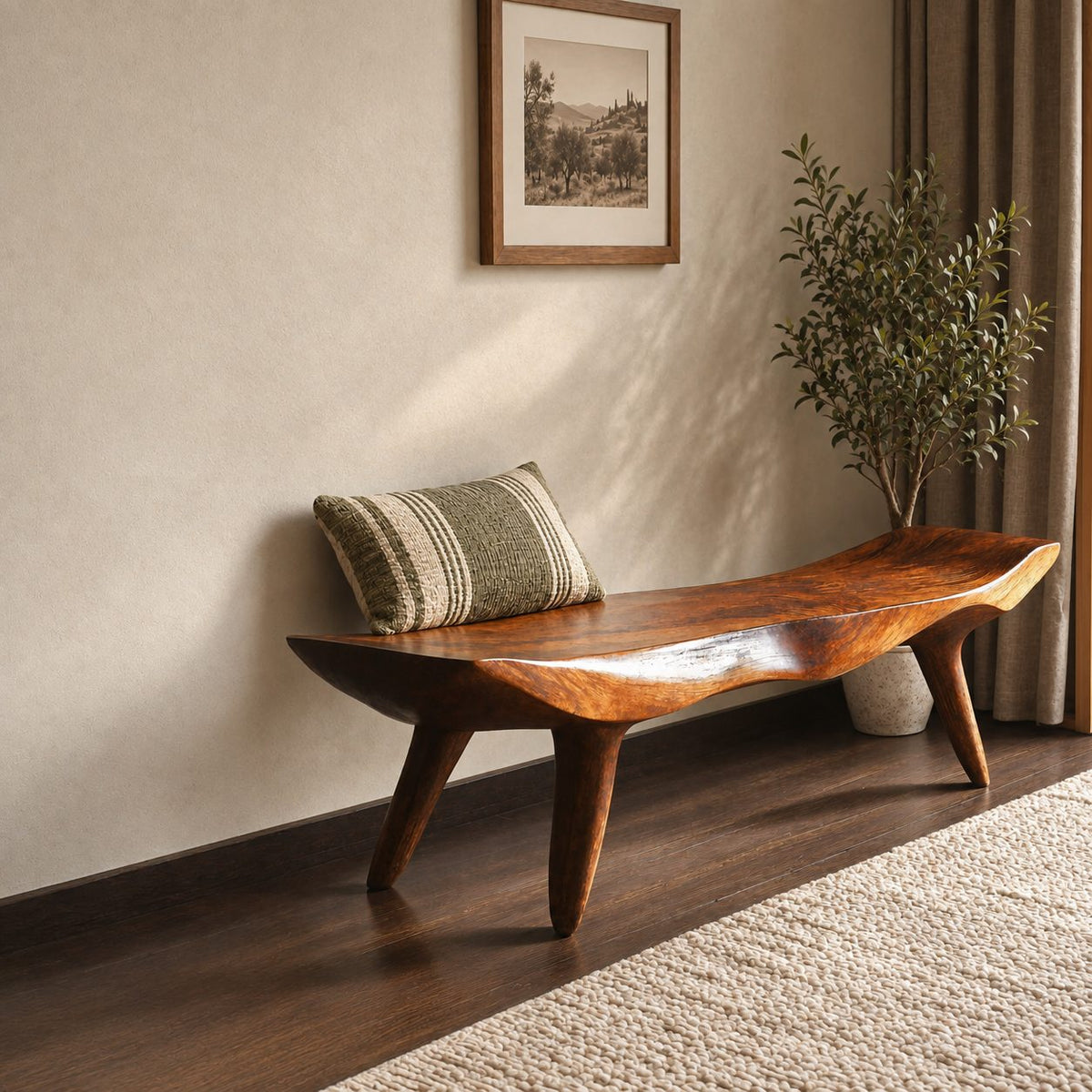Curled End Slab Bench, Modern Sculpted Solid Wood Bench on Angled Tapered Legs for Living Room or Entry