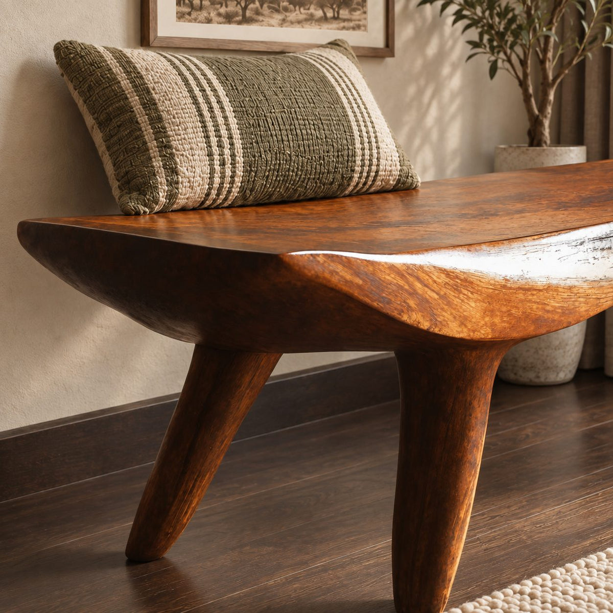 Curled End Slab Bench, Modern Sculpted Solid Wood Bench on Angled Tapered Legs for Living Room or Entry