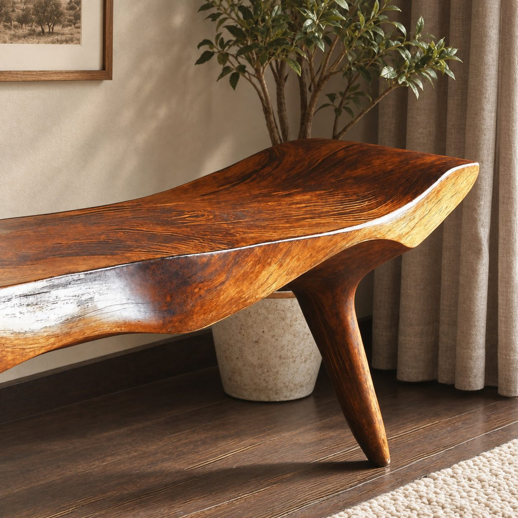 Curled End Slab Bench, Modern Sculpted Solid Wood Bench on Angled Tapered Legs for Living Room or Entry