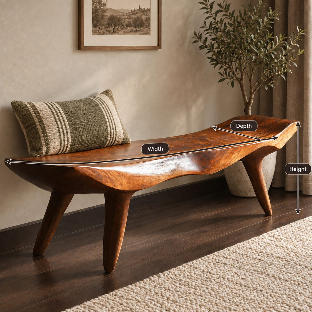 Curled End Slab Bench, Modern Sculpted Solid Wood Bench on Angled Tapered Legs for Living Room or Entry