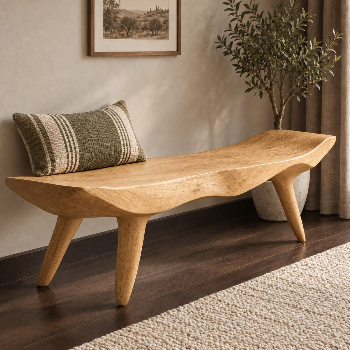 Curled End Slab Bench, Modern Sculpted Solid Wood Bench on Angled Tapered Legs for Living Room or Entry