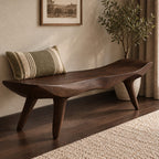 Curled End Slab Bench, Modern Sculpted Solid Wood Bench on Angled Tapered Legs for Living Room or Entry
