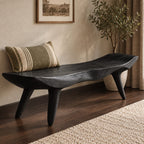 Curled End Slab Bench, Modern Sculpted Solid Wood Bench on Angled Tapered Legs for Living Room or Entry