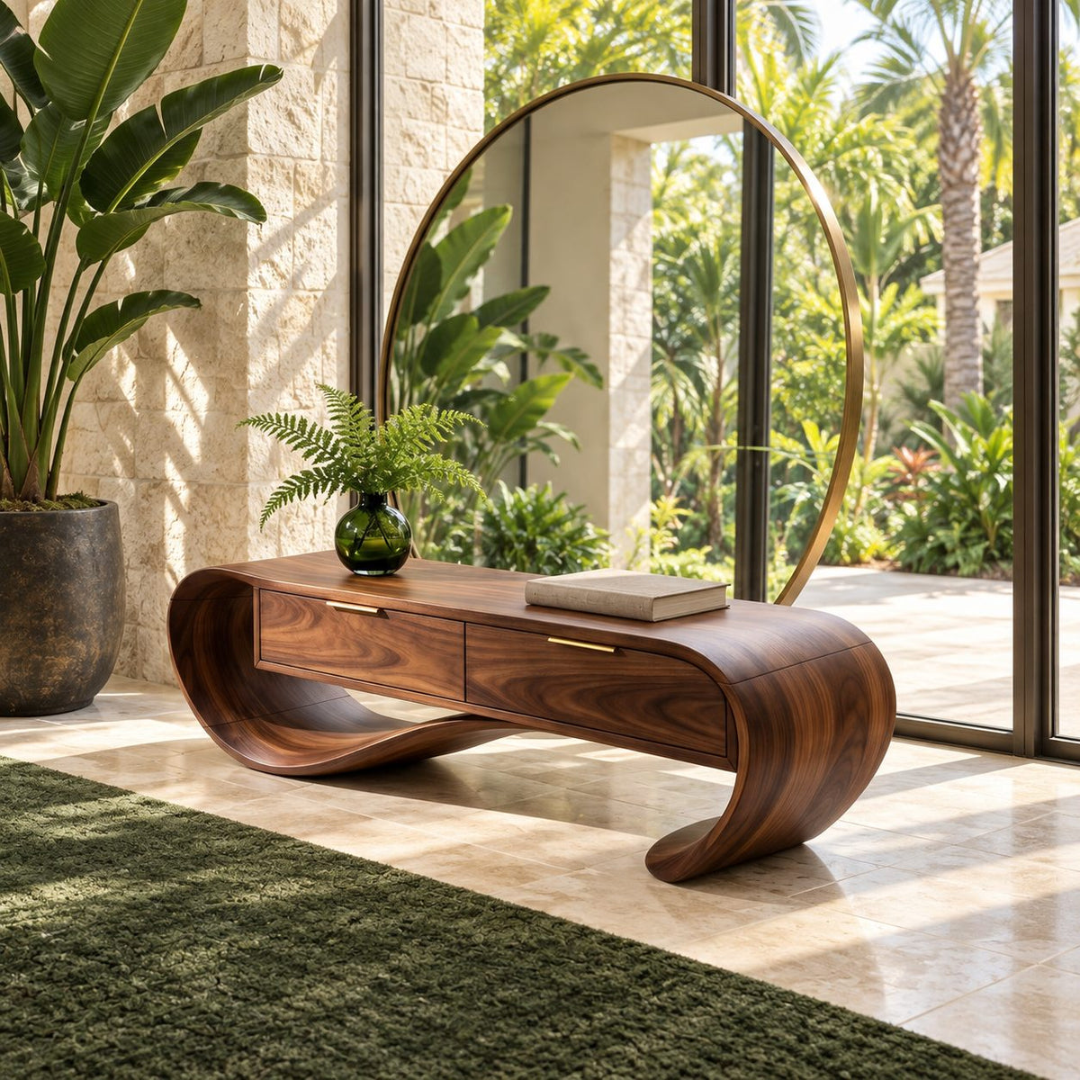 Ribbon Curve Storage Bench with Two Drawers, Sculpted Solid Wood Entryway Bench and Foyer Organizer