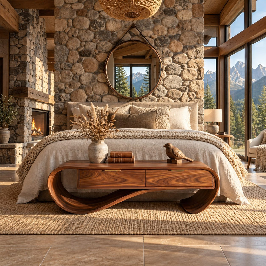 Ribbon Curve Storage Bench with Two Drawers, Sculpted Solid Wood Entryway Bench and Foyer Organizer